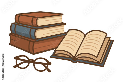 Books stacked with an open book beside glasses on a flat surface in a simple setting for study or reading time