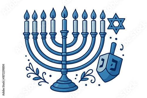 Menorah and dreidel in blue colors with Star of David during Hanukkah celebration in festive setting