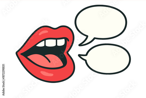 Creative design of a red mouth with speech bubbles showing the act of talking and expressing thoughts through words