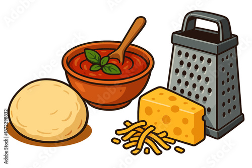 Ingredients for making a simple pasta dish with sauce and cheese at home for lunch or dinner preparation