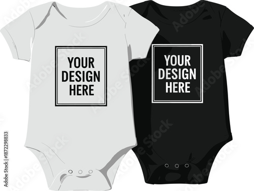 Baby bodysuit mockup set in white and black colors with custom design placeholder isolated on white background vector illustration