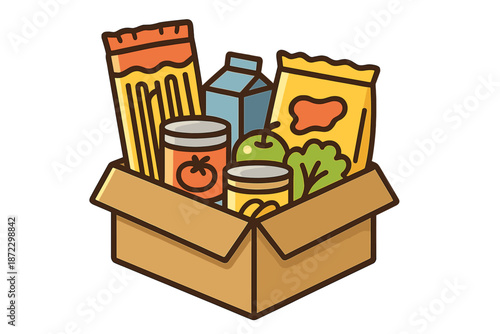 Food items packed in a cardboard box for delivery during a community food drive event in fall
