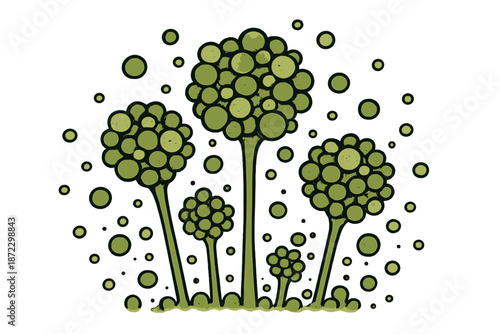 Green round shapes grow together in a simple pattern with bubbles in the background during a creative art session