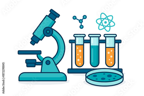 Laboratory scene with microscope, test tubes, and petri dish showing science activities in a research environment