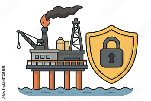 Oil rig with shield illustration highlighting security measures for energy infrastructure