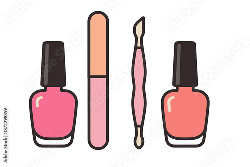 Different types of nail polish and tools for nail care displayed on a flat surface