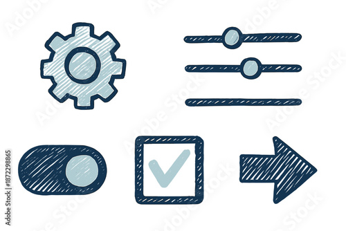 Various icons representing settings, adjustments, confirmation, and navigation in simple sketch style