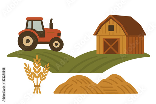 Tractor and barn on a farm with wheat and hay stacks in a rural landscape during daylight