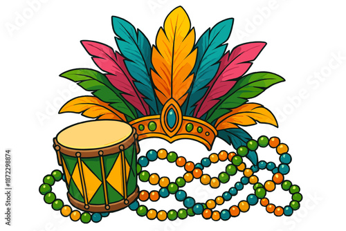 Colorful carnival accessories with feathers, drum, and beads for a festive celebration in a lively atmosphere