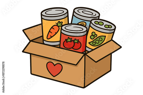 Food donation box with canned goods for community support in a local charity event