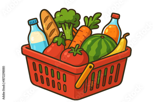 Fresh fruits and vegetables in a red shopping basket on a white background