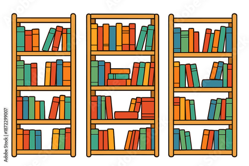 Colorful bookshelves filled with various books in a simple design