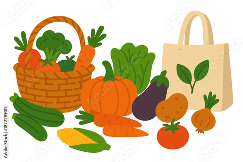 Basket and bag filled with various fresh vegetables arranged on a white background for a harvest display at a local market