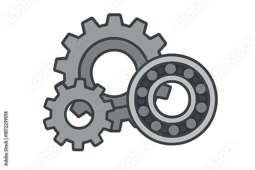 Gears and bearing arranged in a simple layout on a plain background