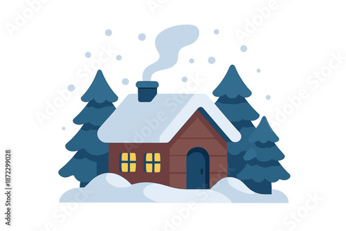 Cozy brown house with snowy roof and smoke coming from chimney near tall green trees in winter season