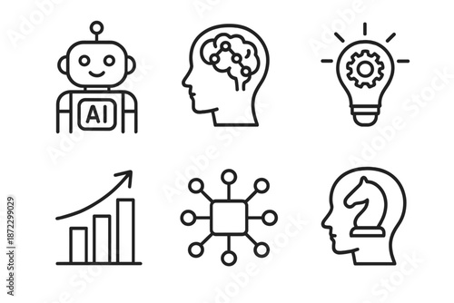 Different symbols representing artificial intelligence concepts and ideas related to technology and innovation