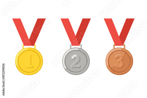 Medals of gold, silver, and bronze displayed with red ribbons for a competition or event in a simple setting