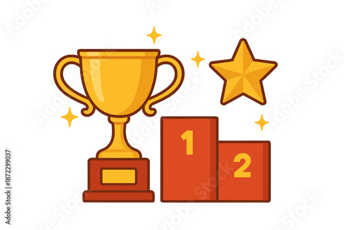 Gold trophy on podium with numbers and star after winning competition or event in bright colors