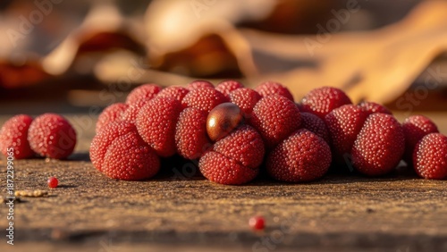 Vibrant red textured slime mold cluster with a striking coppery metallic element, captured in warm natural light on rustic wood, blurred autumn leaves.