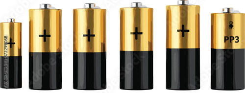 Battery size set with AA AAA C D and PP3 alkaline power cells isolated on white background realistic vector illustration