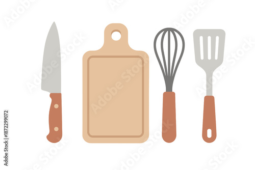 Kitchen tools include a knife, cutting board, whisk, and spatula arranged on a white background for cooking preparation