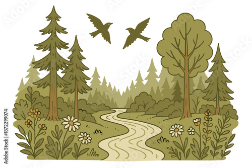 Scenic nature scene with trees, flowers, and birds flying in a forest at daytime
