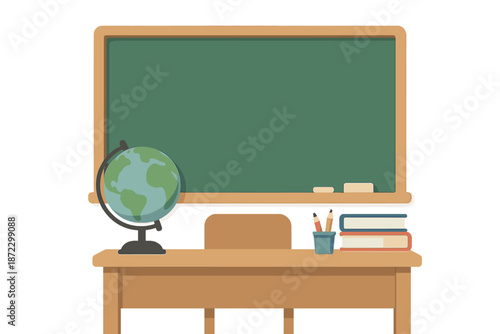 Classroom setting with a globe, books, pens, and a chalkboard on a wooden desk