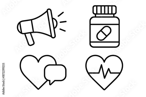 Icons representing health, communication, and wellness in a simple graphic design layout showing various symbols