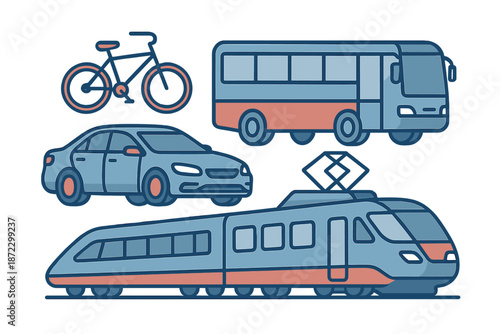Various modes of transportation including a bicycle, bus, car, and train in a simple design