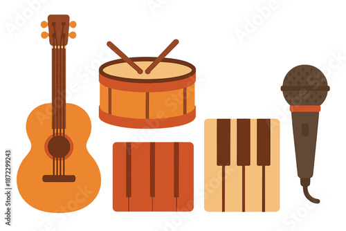 Collection of musical instruments including a guitar, drum, microphone, and piano keys arranged together for a band performance setup