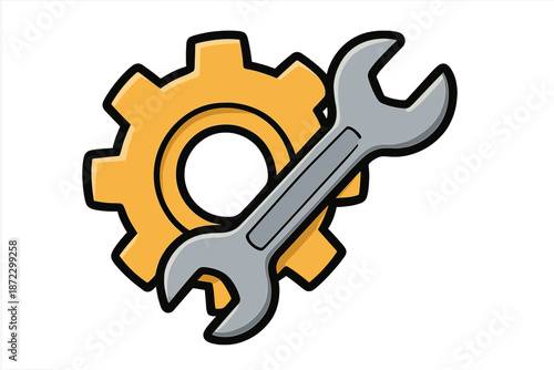 Gear and wrench graphic showing tools often used in mechanics and engineering work for repairs and assembly tasks