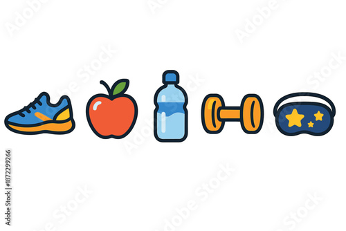 Fitness routine includes running shoes, apple, water bottle, dumbbell, and sleep mask for balanced health and wellness