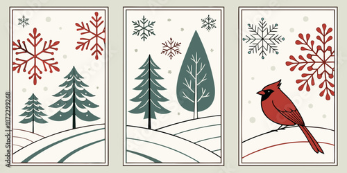 Quadro su tela Winter landscape triptych cards with forest of pines falling snowflakes a red ca