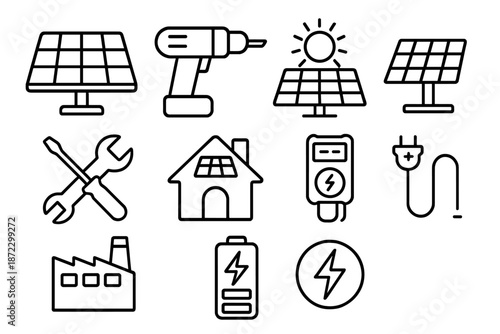 Solar energy icons showing tools, equipment, and systems used for solar panel installation and use in homes and factories