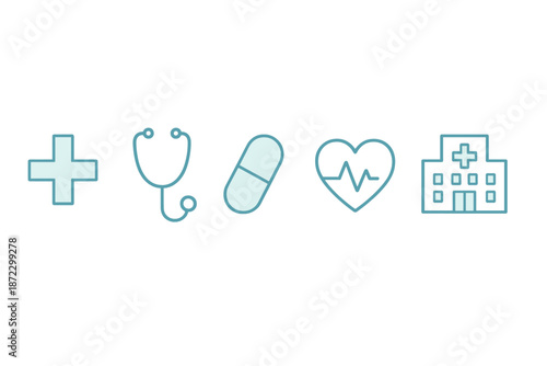 Healthcare symbols displayed in a simple design with a cross, stethoscope, pill, heartbeat, and hospital