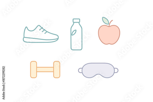 Elements of a healthy lifestyle with shoes, water, fruit, weights, and sleep mask in a simple design