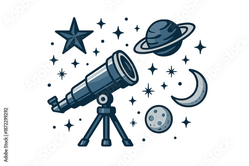 Telescope, planets, and stars seen together in a night sky with a focus on exploration and astronomy activities