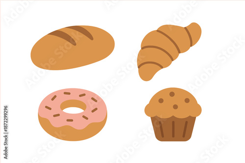 Different types of baked goods including bread, croissant, donut, and muffin on a white background