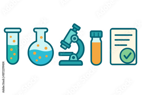Scientists work with test tubes, a microscope, and papers in a laboratory setting during the day for experiments and analysis
