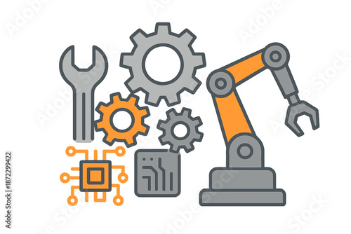 Robot arm and tools with gears, circuit board, and chip in a factory setting at daytime