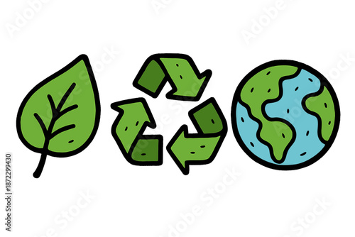 Symbols of nature, environment, and recycling show care for the earth in a simple design with green colors and blue accents