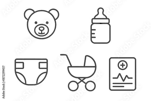 Collection of baby items showing a bear, bottle, diaper, stroller, and medical chart