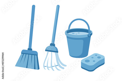 Cleaning tools are arranged on a white background showing a broom, mop, bucket, and sponge for home maintenance tasks