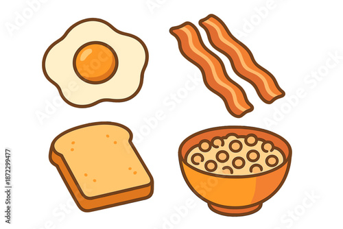 Breakfast items on a table including eggs, bacon, toast, and cereal