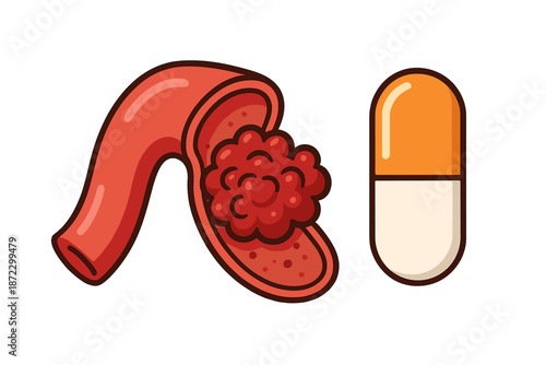 Illustration of a red organ with a cluster of cells and an orange and white capsule representing medical themes