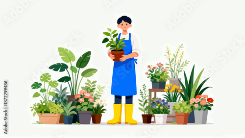 Person holding potted plant surrounded by plants