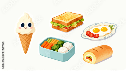 Cartoon food items on white background
