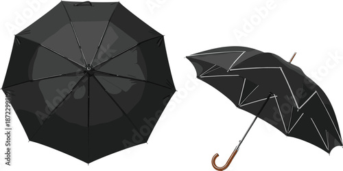 Black umbrella set showing top and side views isolated on white background realistic rain protection vector illustration