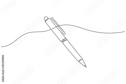 Minimalist continuous one line drawing of a ball pen creating a smooth line on white background, ideal for writing, creativity, education, and office concept designs
