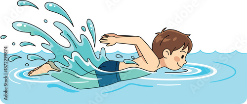 Boy Swimming Freestyle in Blue Water with Splashes on White Background Keywords: swimming, boy, child, kid, water, pool, ocean